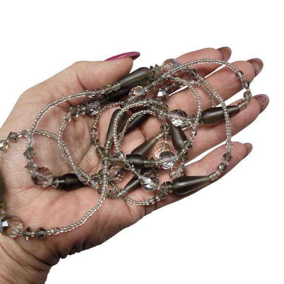 Vtg Long Flapper Necklace Silver Smoky Gray AB Beaded‎ Glass Versatile Opera - Picture 7 of 9